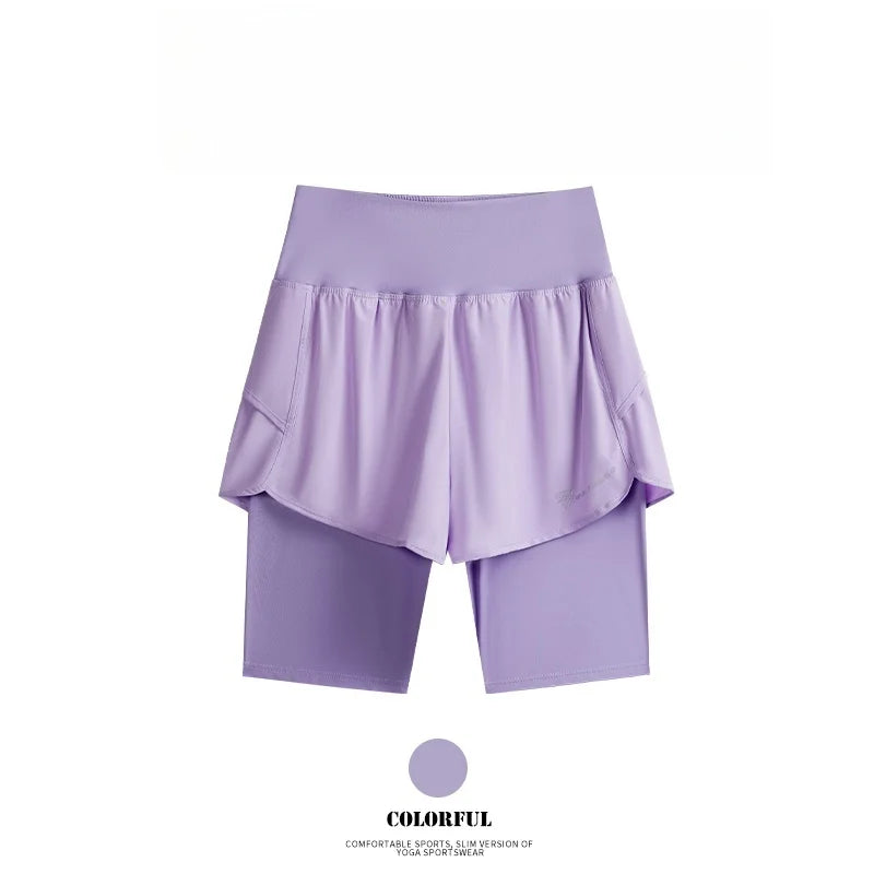 DRUR Yoga Shorts Women Summer Fake Two Piece High Waist Loose Gym Shorts With Pocket Ladies Lightweight Fitness Running Clothes