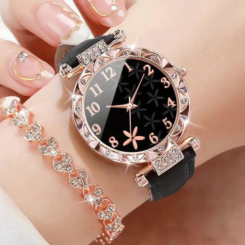 2PCS Women's Watch Set Luxury Trendy Flower Elements Digital Scale Dial Quartz Watch Suitable for Daily Clothing Matching