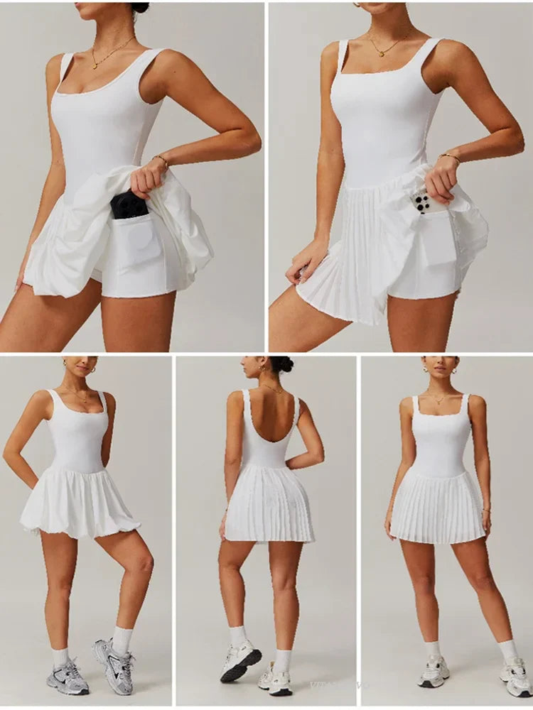 VITALINOVO Workout Tennis Dress with Built in Shorts Square Neck Padded Workout Dress with Pockets Golf Athletic Mini Dresses