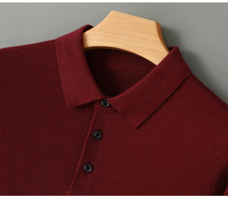 Spring Autumn Men Shirt  Merino Worsted Wool Knitted Pullover Long Sleeve Polo-Collar Clothing Tops Smart Casual Thin Outerwears