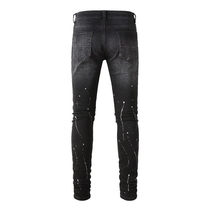 Men's Crystal Stretch Denim Skinny Jeans Painted Holes Ripped Tapered Pants