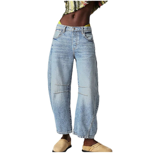 Women Vintage Mid Waist Jeans Wide Leg Loose Boyfriend Denim Cropped Pants