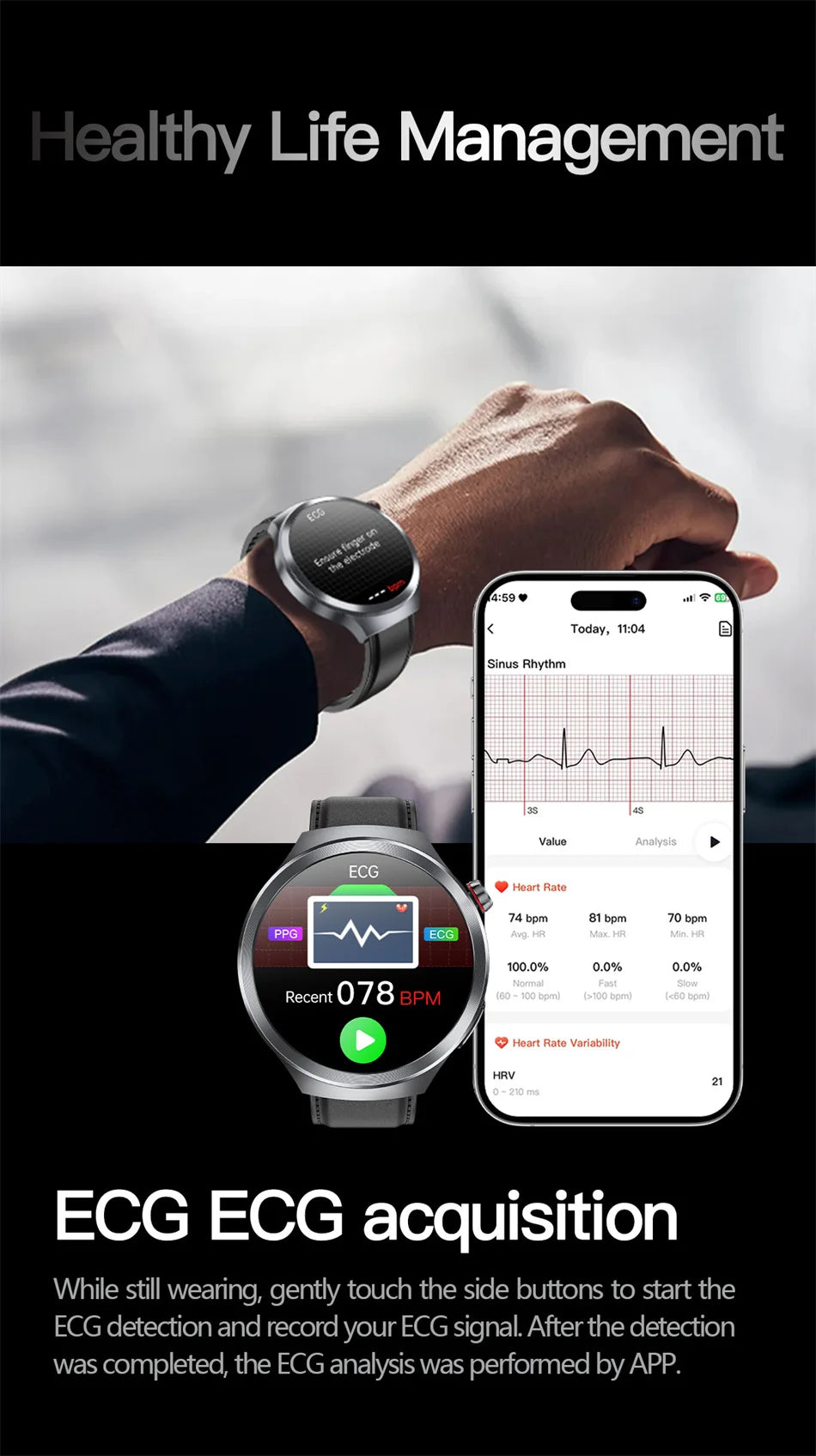 New 1.73" Sapphire Glass Uric Acid Blood Fat Health Trackr SmartWatch Blood Pressure ECG+PPG Clock Body Analysis Smartwatchs Men