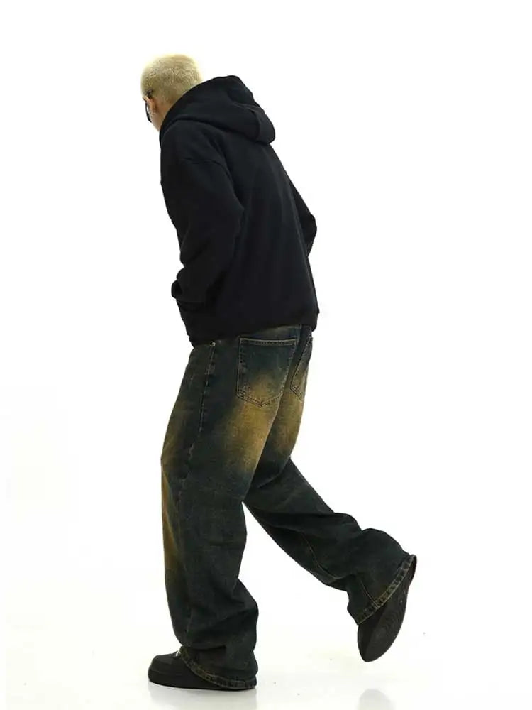 Plus Size Green Wash Baggy Jeans Men Adjust-waist Wide Leg