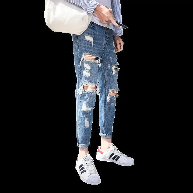 Retro Ripped Men's Jeans With Holes Tapered Slim Fit Trousers Korean Fashion