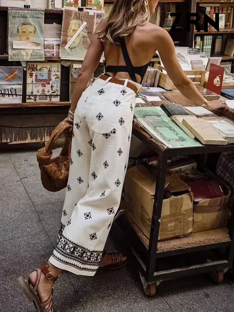 Women Fashion Embroidery Linen Straight Pants Vintage High Waist Zipper Fly Female