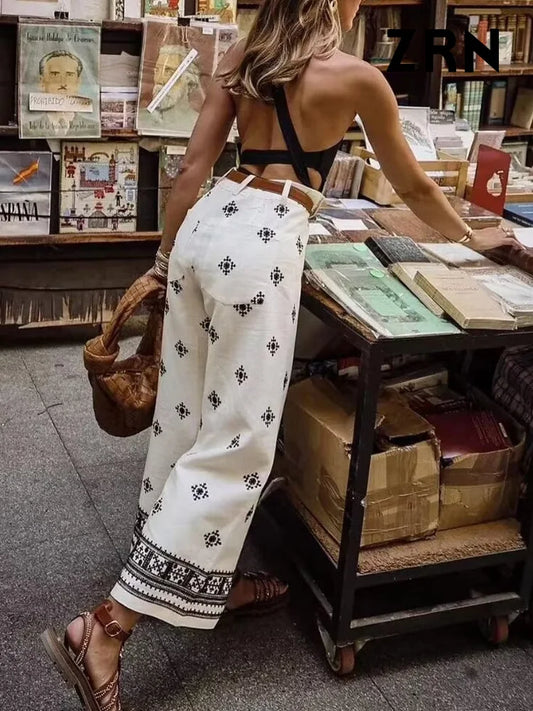 Women Fashion Embroidery Linen Straight Pants Vintage High Waist Zipper Fly Female