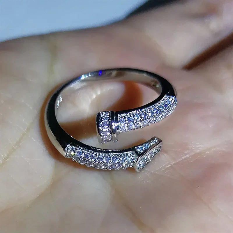 Fashion Classic White Zircon Nail Opening Ring 925 Silver Engagement Wedding
