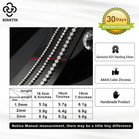 Rinntin Shiny Tennis Bracelet 925 Sterling Silver 1.5/2/3mm Clear Cubic Zirconia for Women Luxury Chain Bracelet Jewelry SB143