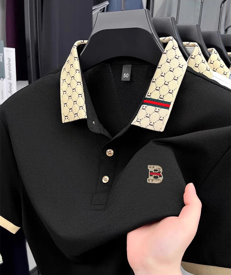 Luxury brand B letter embossed short sleeve polo shirt men summer lightweight breathable new fashion color blocked lapel T-shirt
