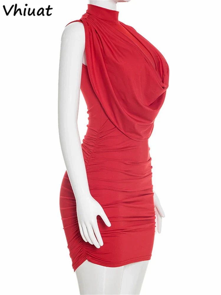 Vhiuat Mesh Turtleneck Sleeveless See Through Slim Bodycon Mini Dresses For Women Club Party Evening Sexy Pleated Dresses 2026