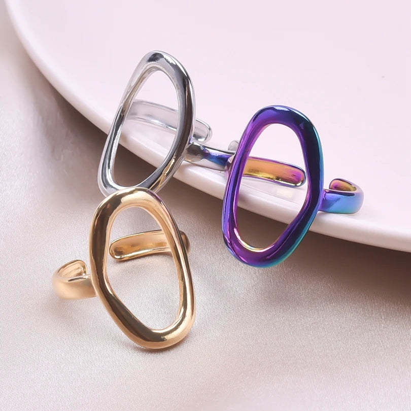 1Pc Stainless Steel Women Personality Textured Chunky Open Rings Punk Hammered