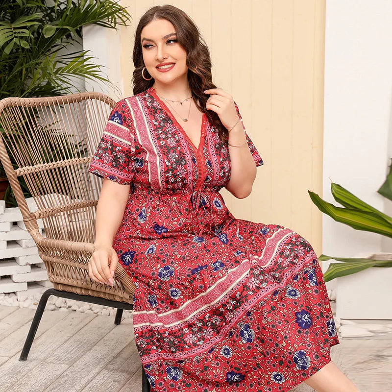 Hot selling oversized retro floral dress with bohemian lace V-neck long skirt plus size women clothing