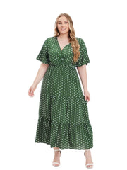 Plus Size Print Long Ruffle Dress Women V-Neck Loose Pleated Casual Fashion