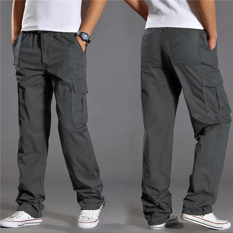 Men's Casual Cargo Cotton Pants Men Pocket Loose Straight Pants Elastic