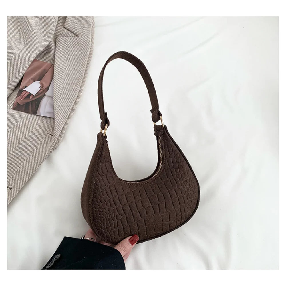 Brand Women Retro Underarm Bag Felt Solid Color Shoulder Bag Casual Purse