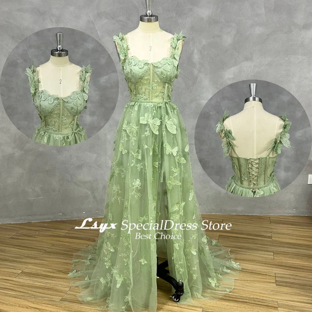 Homecoming Dresses: Green 3D Lace Butterflies Prom Dresses Evening Gown