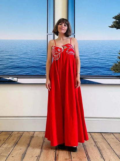 Summer Chic Red Fish Top Party Maxi Dress For Women Sexy Sling High Waist Ceremony Robe 2024 Holiday Lady Street Vestidos