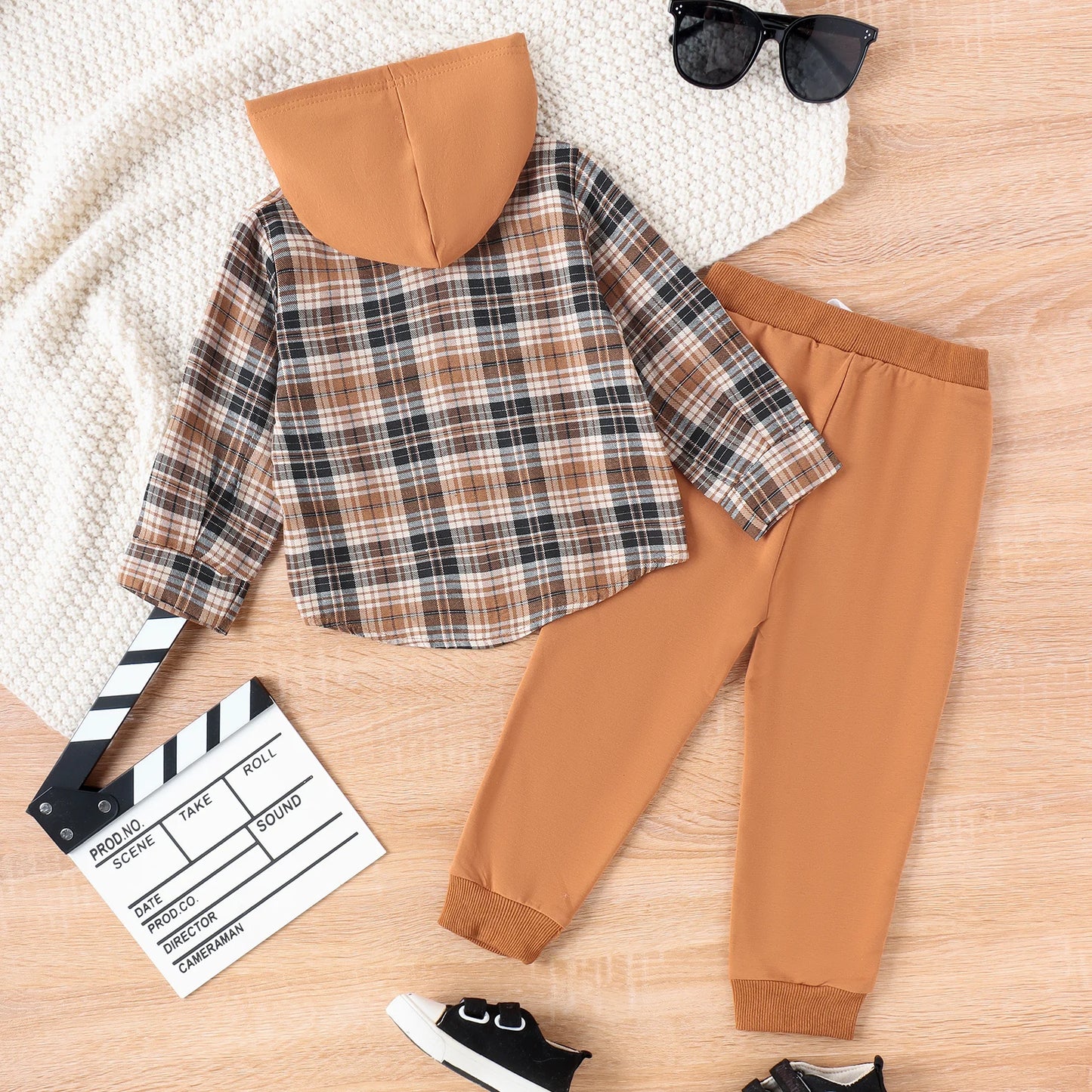 3PCS Autumn Boys Aged 2-6 Are Fashionable And Handsome, Multi-Color Plaid Hooded Long-Sleeved Top + Solid Color Pants Set
