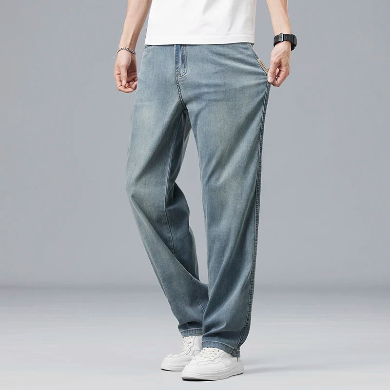 Lyocell Men's Jeans Drape Soft Fabric Loose Straight Casual Denim Pants