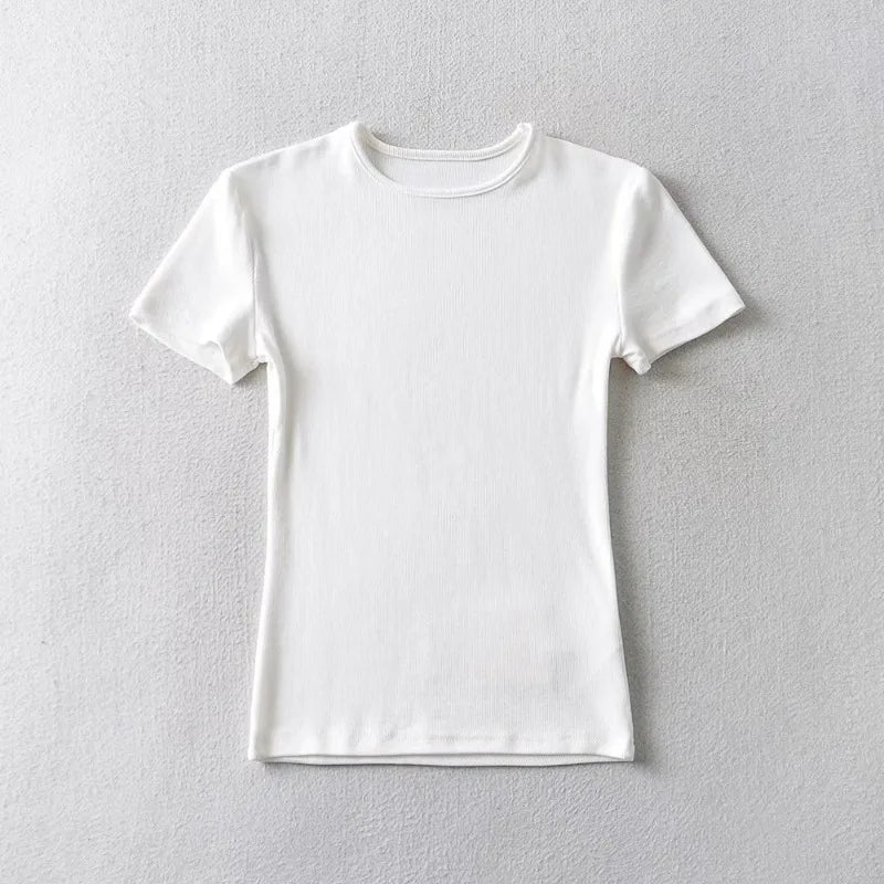 Casual Summer Woman Skinny Fit T-shirt Tight Short-Sleeve O-neck Tee Basic Solid Crop Tops T Shirt