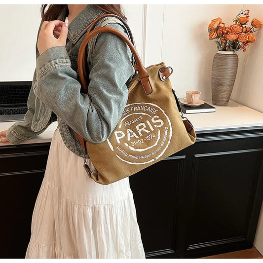 Large Retro Canvas Tote Bag Adjustable Shoulder Strap Vintage Paris Stamp Print