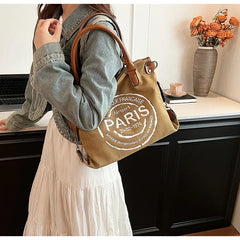 Large Retro Canvas Tote Bag Adjustable Shoulder Strap Vintage Paris Stamp Print