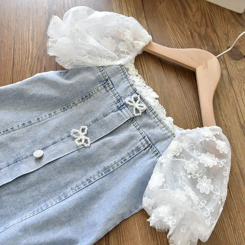 Children Girls Beads Lace Sleeve Denim  Dress Toddler  Fashion