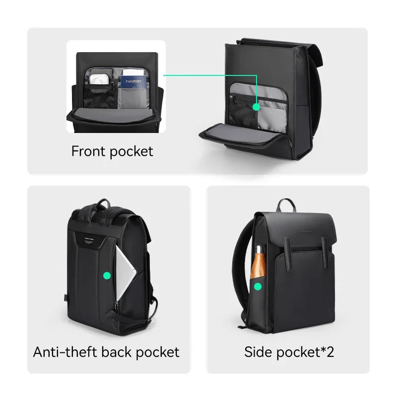 Mark Ryden Classic Business Work Black Leather Backpack 15.6 Inch Laptop Waterproof Bag School Bags Business bacbackpack for men