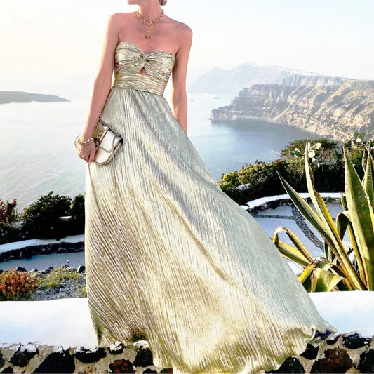 Knot Chest Wrapping Dresses Bronzing Backless Large Hem Maxi Dress