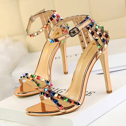 Summer Women 11cm High Heels Rivets Studded Sandals Lady Sandles Stiletto Gladiator Pumps Stripper Fetish Open Toe Luxury Shoes