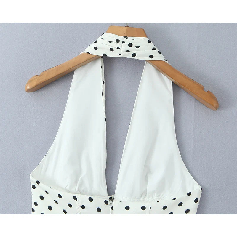 YENKYE French Style Retro Polka Dot Deep V Halter Dress Women Sexy Backless A-line Slim Sweet Elegant Mini Dresses Summer Robe
