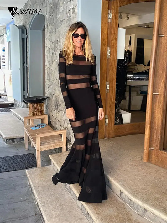 Evening wear Dresses: See Through Spliced Fishtail Dress