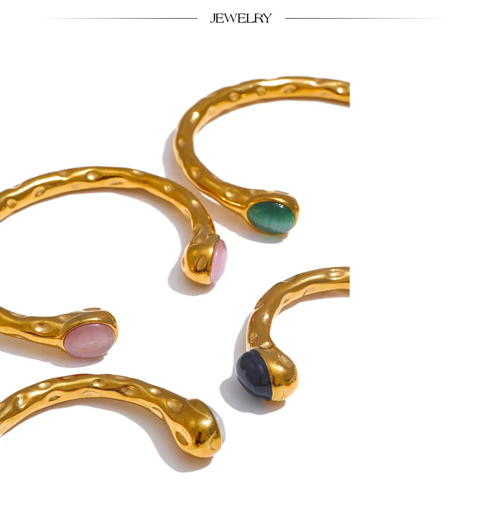 Yhpup 62mm High Quality Stainless Steel Multicolored Natural Stone Golden Cuff Open Bracelet Bangle Water Resistant Jewelry