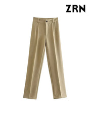 Women Chic Fashion Office Wear Straight Pants Vintage High Waist Zipper Fly Trousers