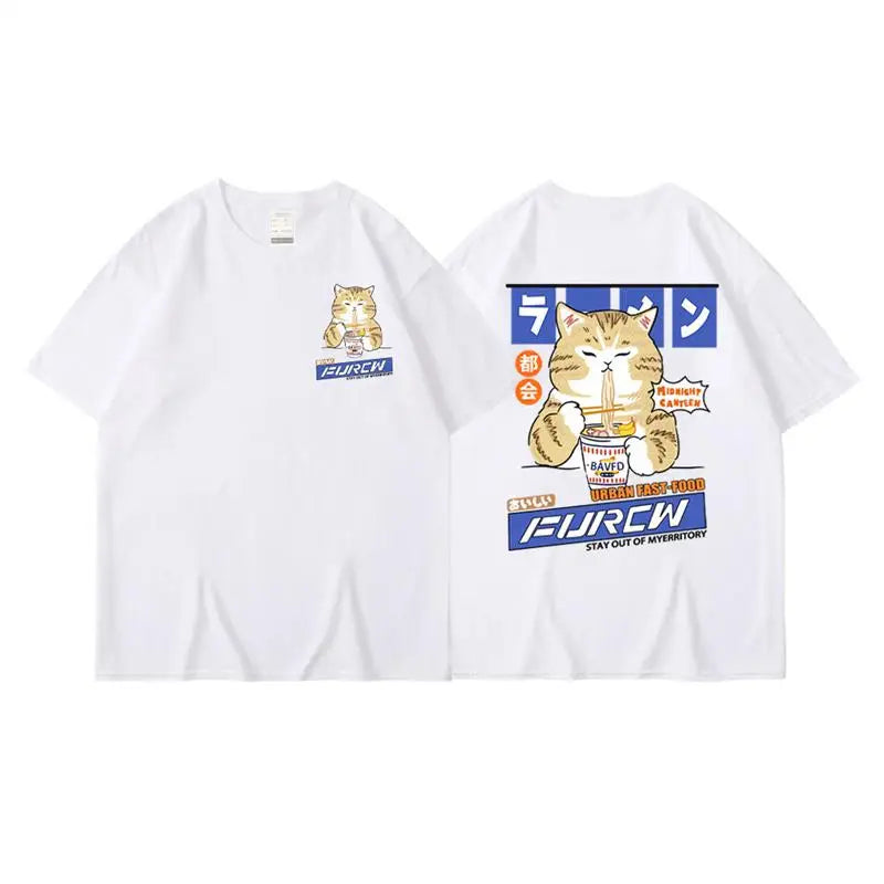 Harajuku Cat Cartoon Eating Noodles Graphic Men Women Tshirts Casual Short Sleeve Tees Japan Style Oversized T Shirt Clothing