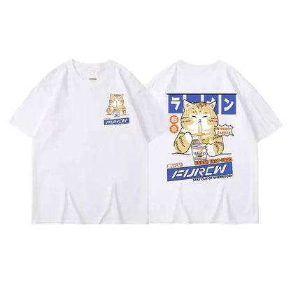 Harajuku Cat Cartoon Eating Noodles Graphic Men Women Tshirts Casual Short Sleeve Tees Japan Style Oversized T Shirt Clothing