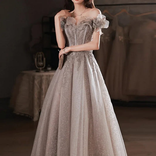 Homecoming Dresses: Gray Evening Dress Off Shoulder Shiny Sequin Lace A-line