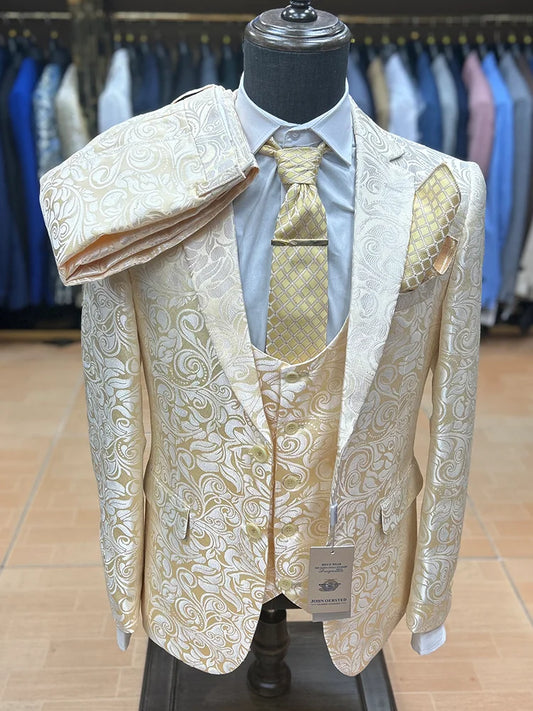 Tuxedo for Mens: Floral Printed Wedding Men Suit Three-Piece Slim Fit Stage