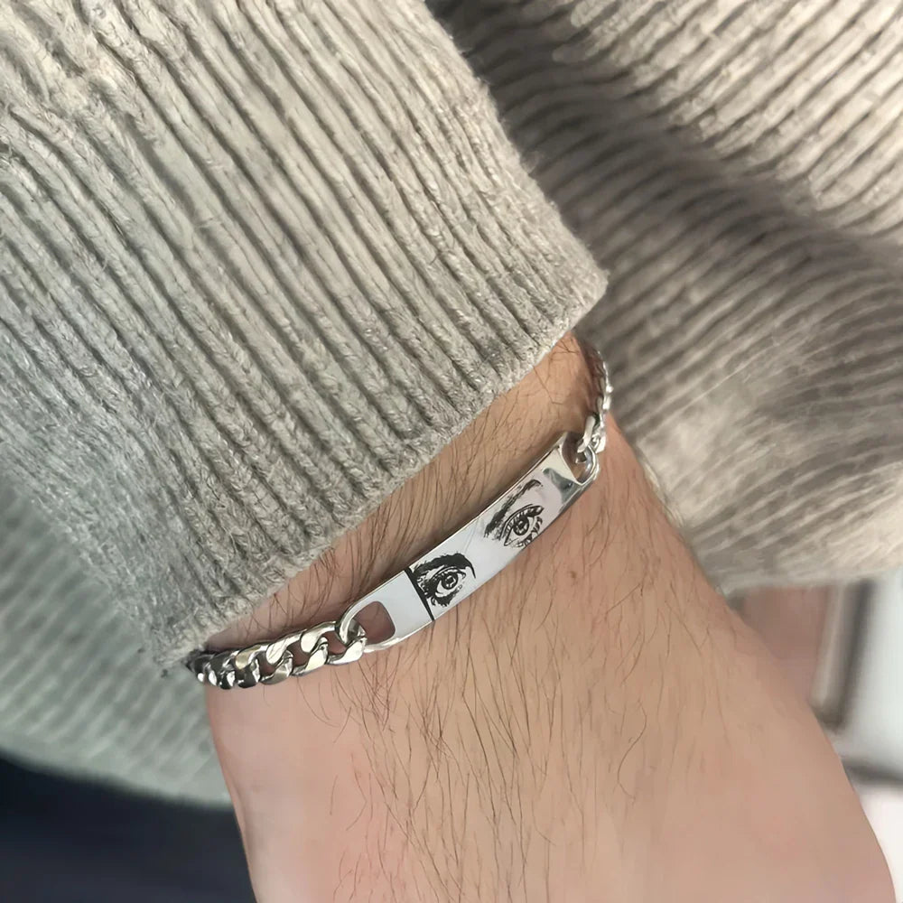 Custom Engraved Stainless Steel Women Men's Bracelet with Realistic Eye Design -Funky Personalized Photo Couple's Jewelry