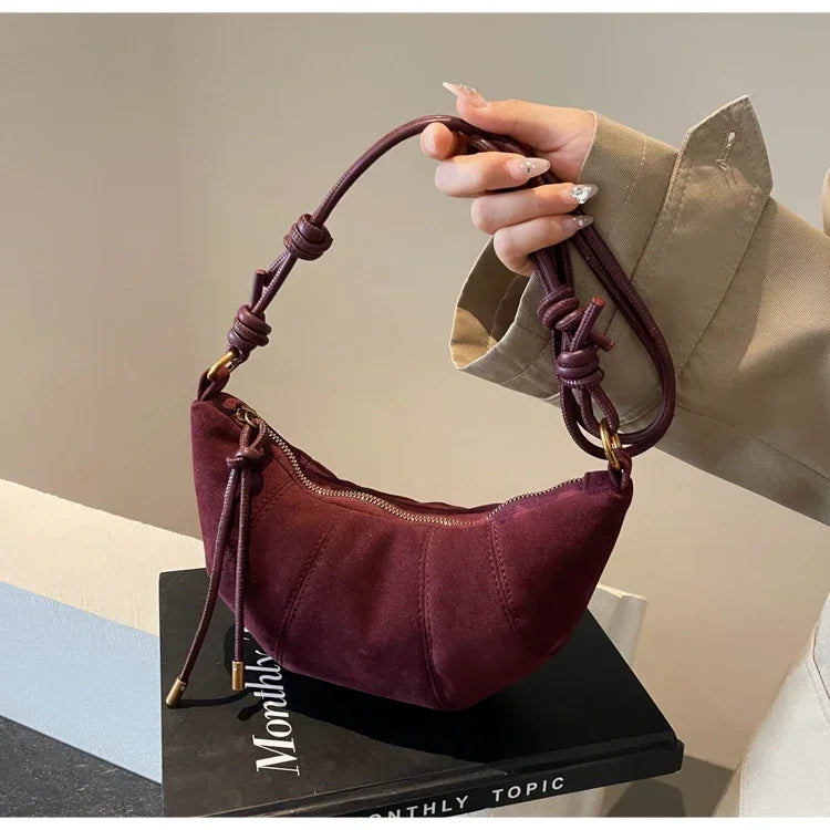 Velvet Material Zipper Shoulder Bag Solid Color Simple Fashionable