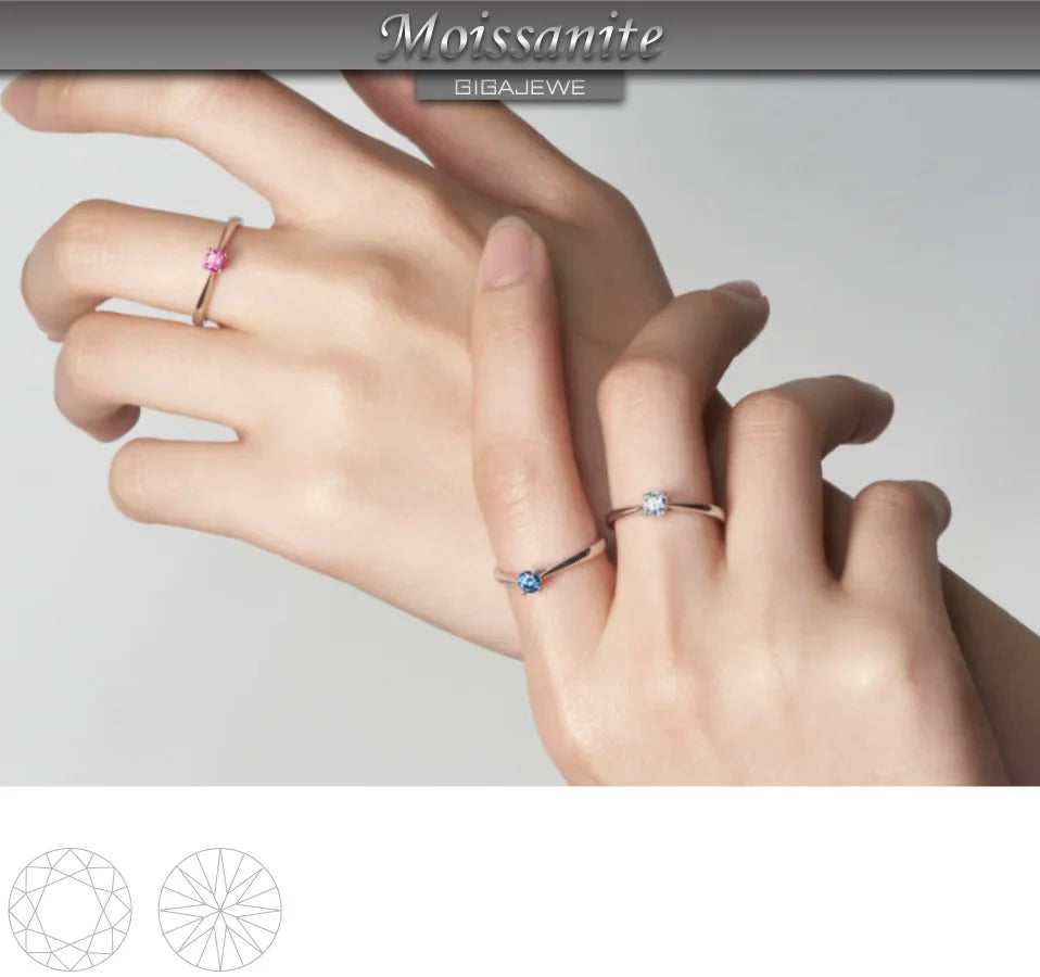 GIGAJEWE Moissanite 0.3ct 4mm Round Cut Blue/Pink/white 925 Silver Ring Diamond Test Passed Fashion Claw Setting Woman Girl Gift