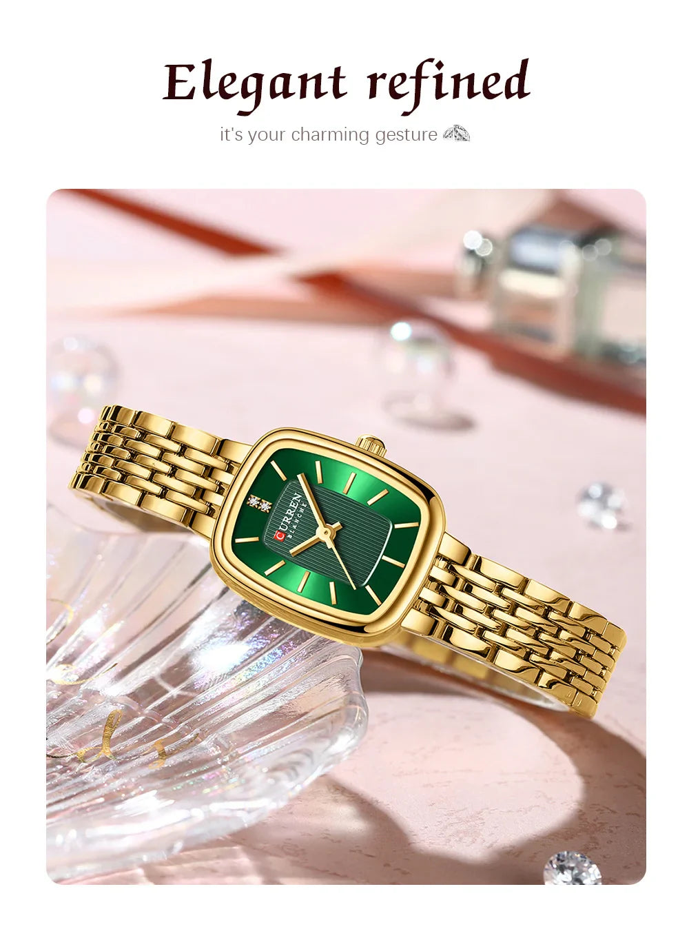 CURREN Fashion Rectangular Ladies Watches New Quartz Waterproof Stainless Steel Strap Wristwatch for Women