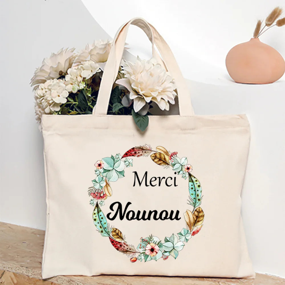 Merci Nounou French Printed Women Shoulder Bag Canvas Tote Bag Female