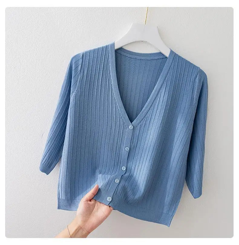 Fashion Women Solid Knitted Sweaters Coats Spring Summer Half Sleeve V-neck