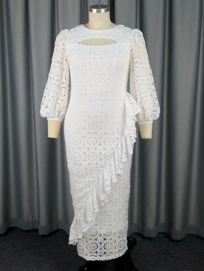 Women's Party Dress 2024 Fashion White Lace Crew Neck Lantern Sleeve Ruffles Long Slim Formal Wedding Guest Prom Gowns Plus Size