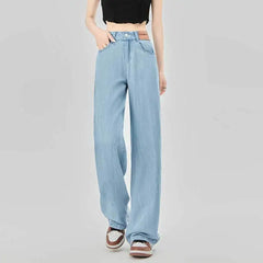 Blue Ice Silk Jeans Women's Thin Straight Pants Micro Speaker Mop Wide Leg Pants