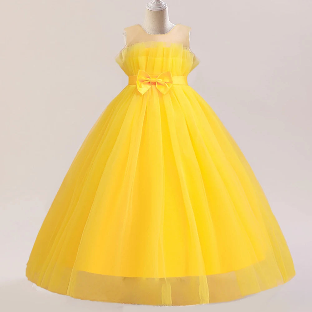 Summer Tulle Bridesmaids Pink Party Dresses for Girls Elegant Bow Princess Wedding Girls Dress First Communion Wedding Prom Gown