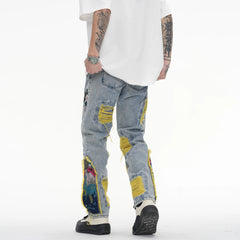 Chinese Painting Embroidered Patch Denim Ripped Jeans for Men Streetwear