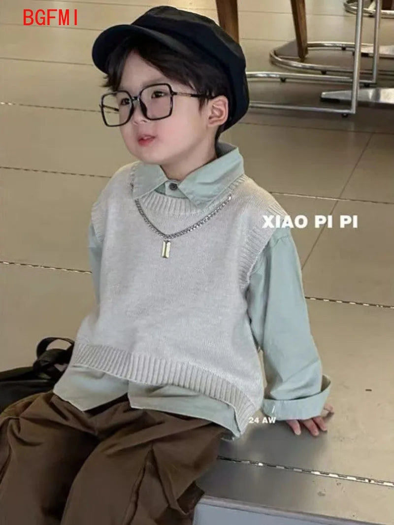 Boys' Black Vest + Shirt+ Casual Pants 3pcs Set Children's Spring Long Sleeved Early Autumn Set Baby Cool and Handsome Clothes